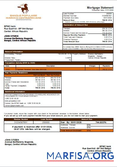 Realistic Central African Republic BPMC bank mortgage statement scr example